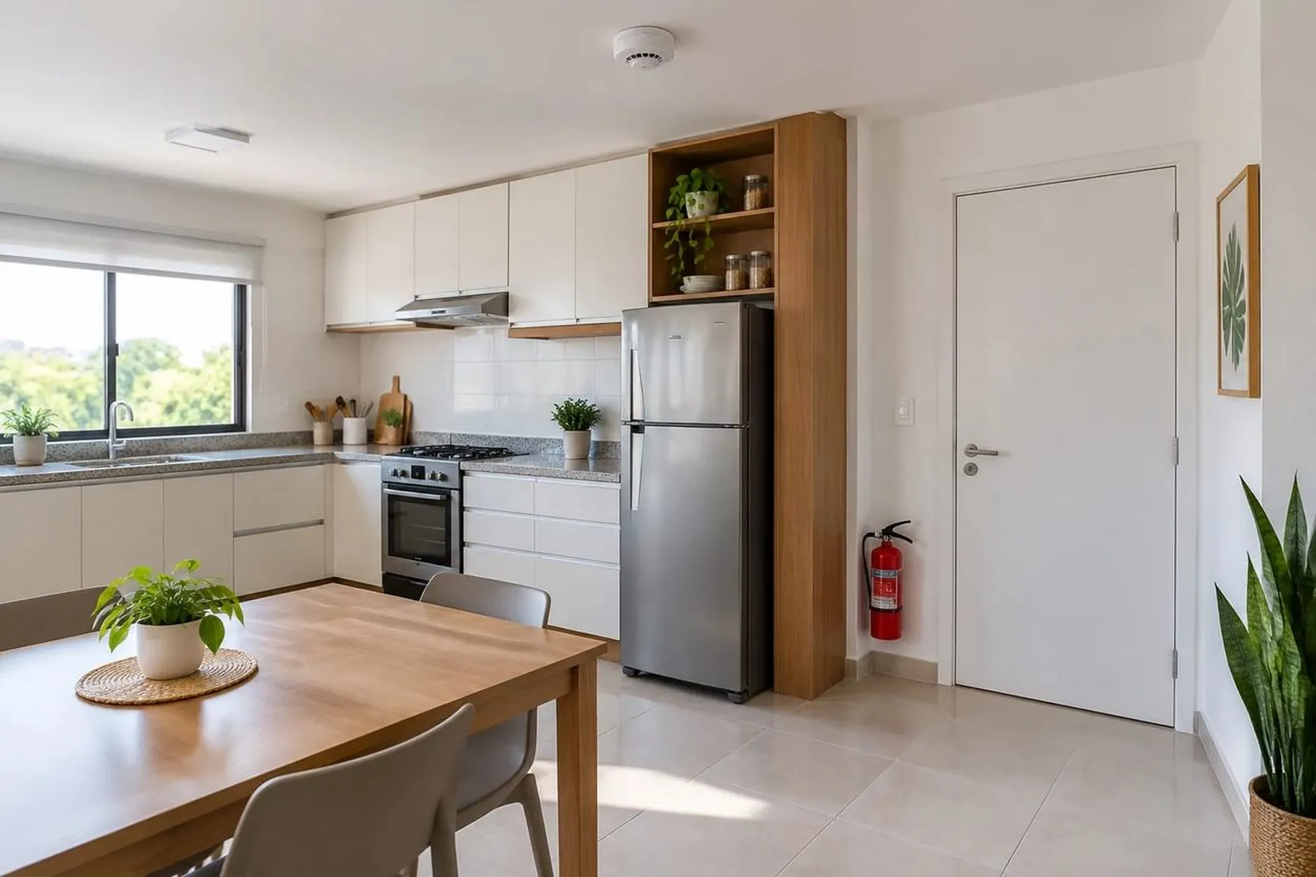 Detector de fumaça e extintor na cozinha de uma casa